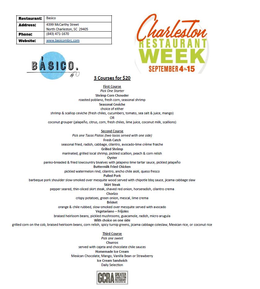 Basico Menu - Charleston Restaurant Week 2013