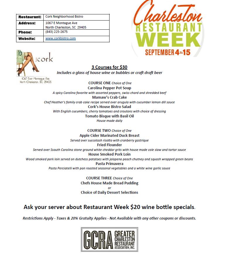 Cork Bistro Menu - Charleston Restaurant Week 2013